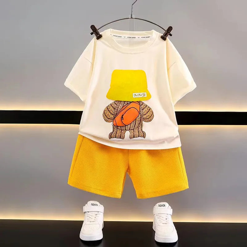 2PCS Children’s Clothing Boys Outfit | Bear Backpack Print T-Shirt & Shorts Set (2-6 Years)