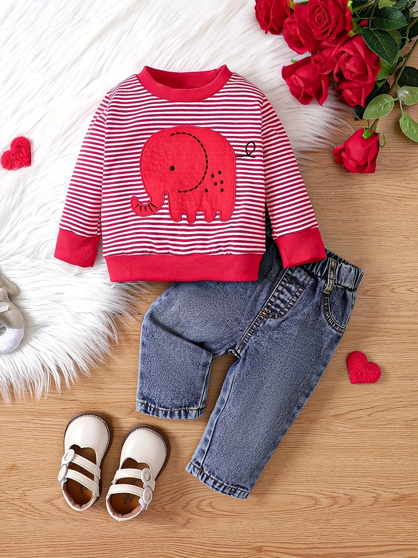 Baby & Toddler Outfit | Elephant Stripe Top & Cute Print Jeans Set for (0-2 Years)