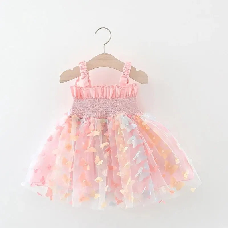 Girls' Summer Princess Dress with Colorful Mesh Butterfly Wings and Drawstring Waist - Perfect for Parties(6M-3Years) .