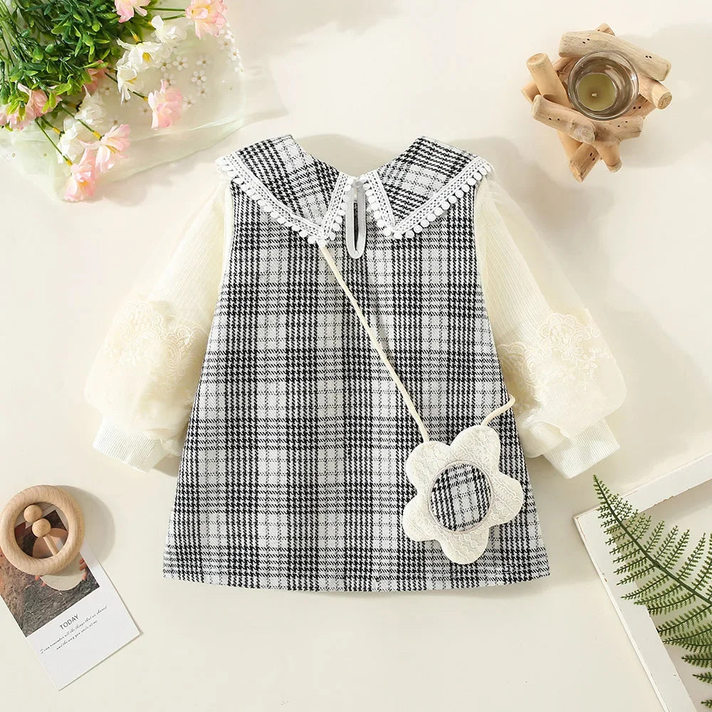 New Winter Baby Girls' Dress – Bubble Sleeve Lapel Plaid Pattern with Faux Two Layers and Diagonal Treasure Flower, Sweet Princess Dress(6M-3Years)