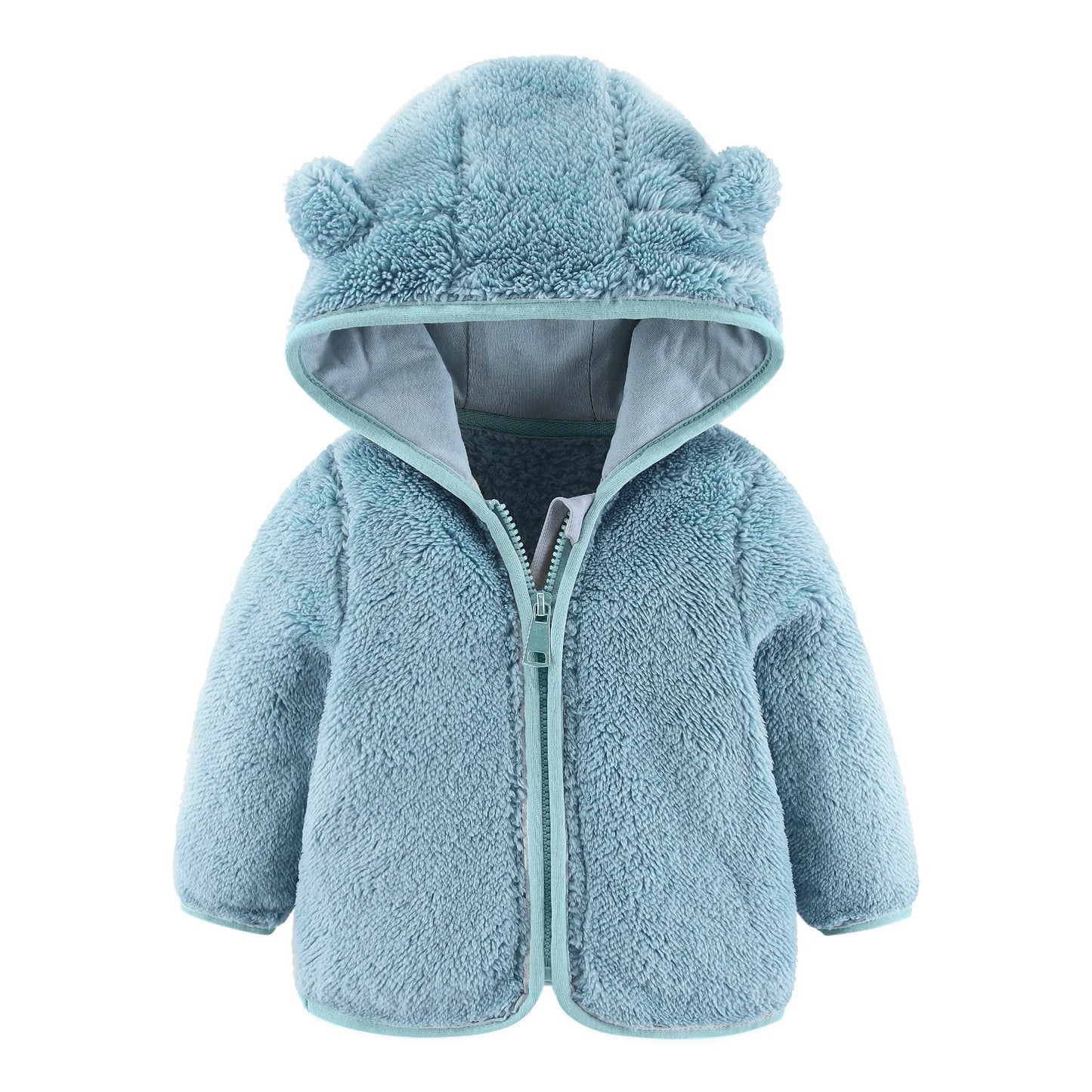Adorable Spring and Autumn Fleece Coat for Children aged 0-3 years. Featuring cute bear ears and long sleeves.