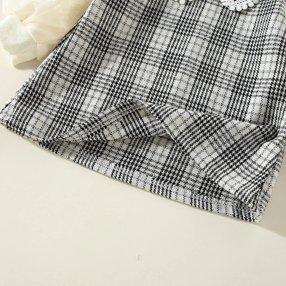 New Winter Baby Girls' Dress – Bubble Sleeve Lapel Plaid Pattern with Faux Two Layers and Diagonal Treasure Flower, Sweet Princess Dress(6M-3Years)