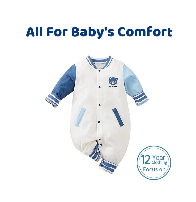 Newborn Cotton Baby Jumpsuit Baseball Suit Teddy Bear Embroidered Long Sleeved