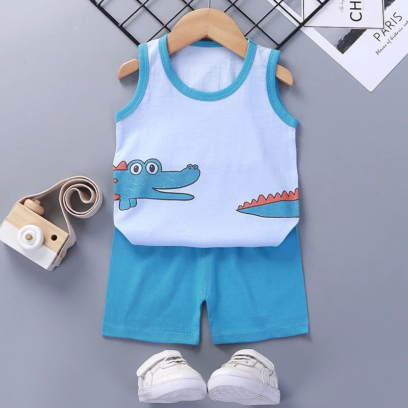 Kids' Summer Cotton Clothing Set - Boys' & Girls' Sleeveless Vest, T-Shirt, and Shorts Outfit (9M-7Years).