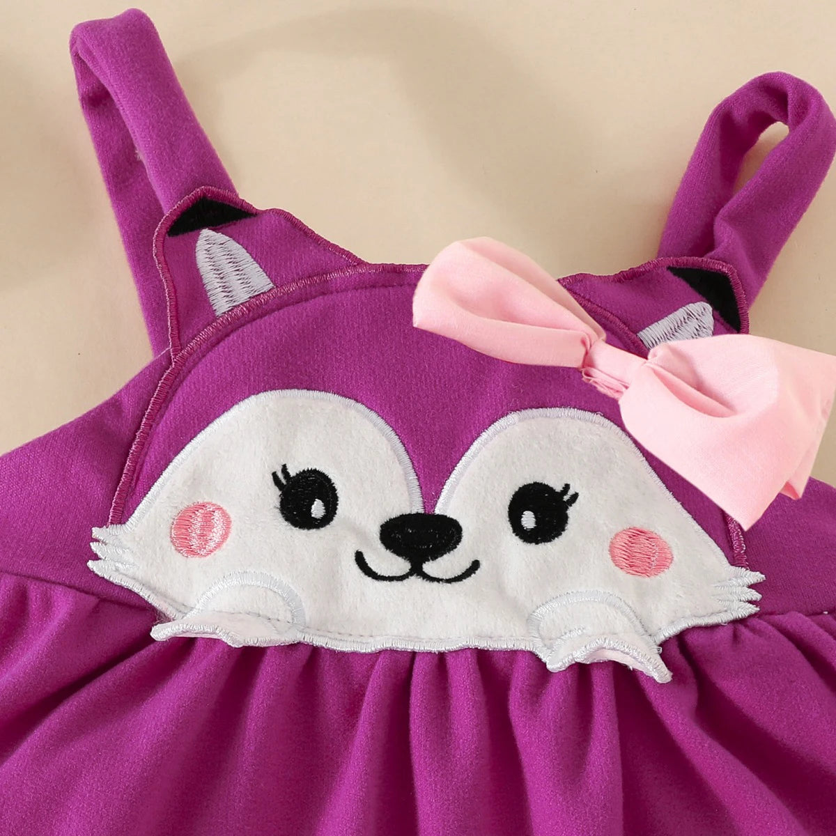 3PCS Baby Girl Fox Print Long Sleeve Onesie with Triangle Bib, Fox Plush Embroidery Overall Dress Set