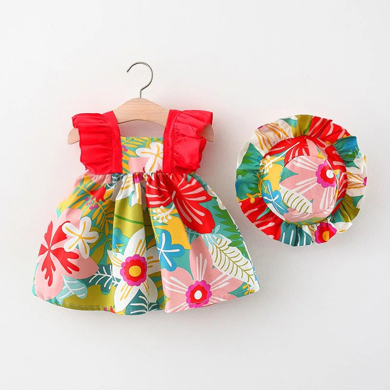 Summer Baby Girl Strap Dress with Hat: Floral Sleeveless Princess Dress for Newborns and Toddlers (0-3 Years).