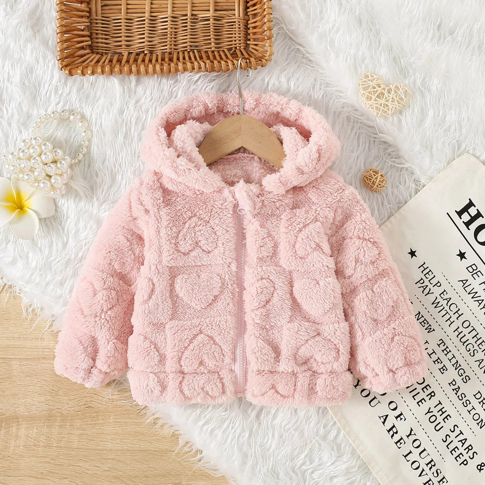 Princess Pink Fleece Jacket for Baby Girls with a Charming Love/Bear Pattern. (0-3 Years)