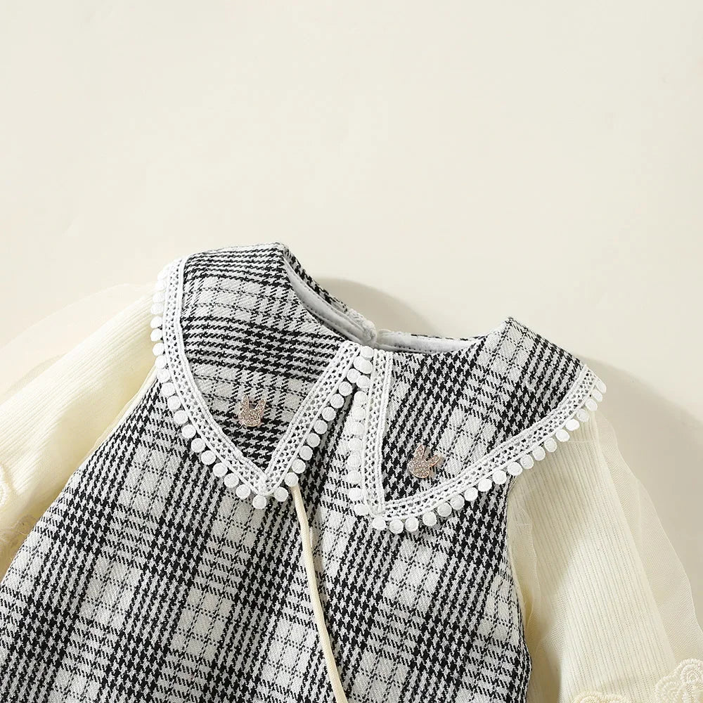 New Winter Baby Girls' Dress – Bubble Sleeve Lapel Plaid Pattern with Faux Two Layers and Diagonal Treasure Flower, Sweet Princess Dress(6M-3Years)
