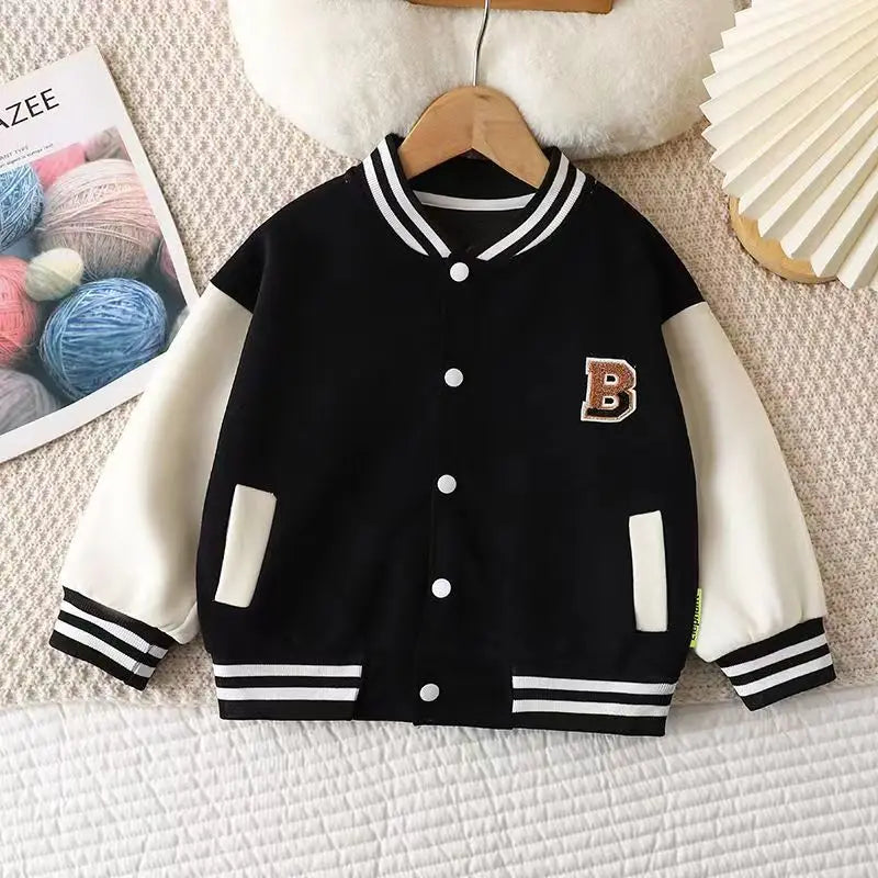 Baseball Jacket: Stylish Round Collar Coat for Boys and Girls. Designed for children aged 12 months to 12 years.
