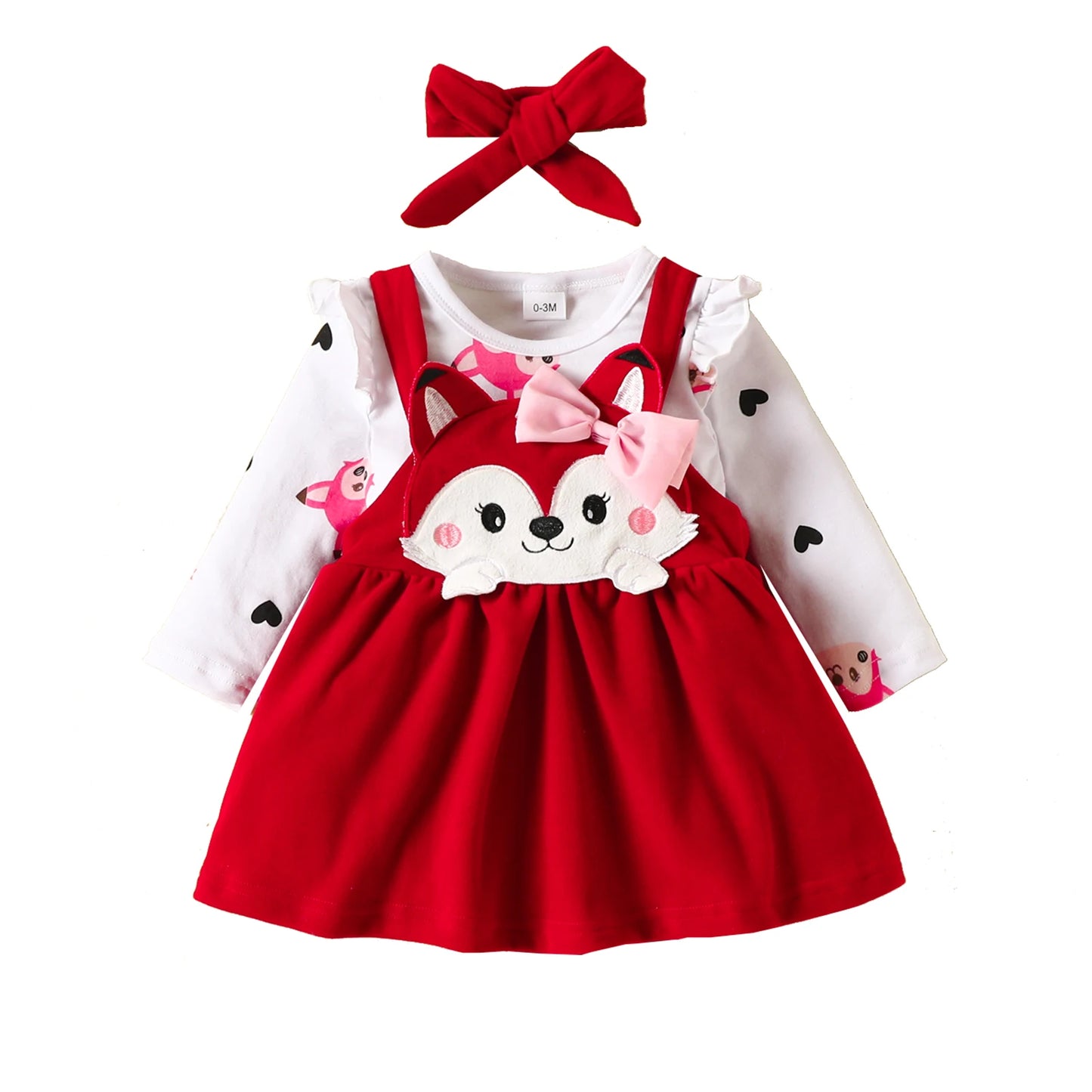 3PCS Baby Girl Fox Print Long Sleeve Onesie with Triangle Bib, Fox Plush Embroidery Overall Dress Set