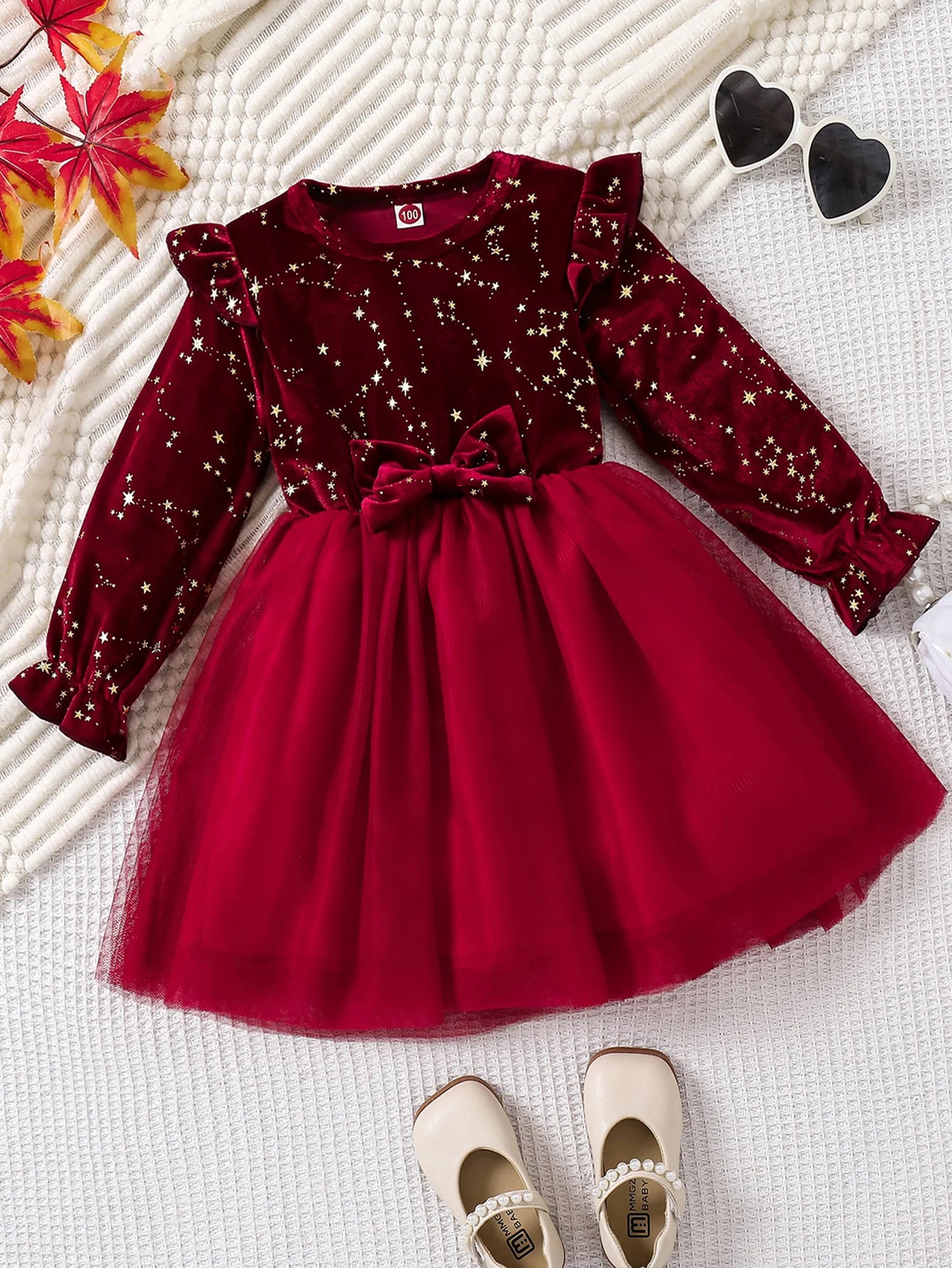 Red Velvet Party Dress - Princess Gown with Star Mesh  (1-8 Years)
