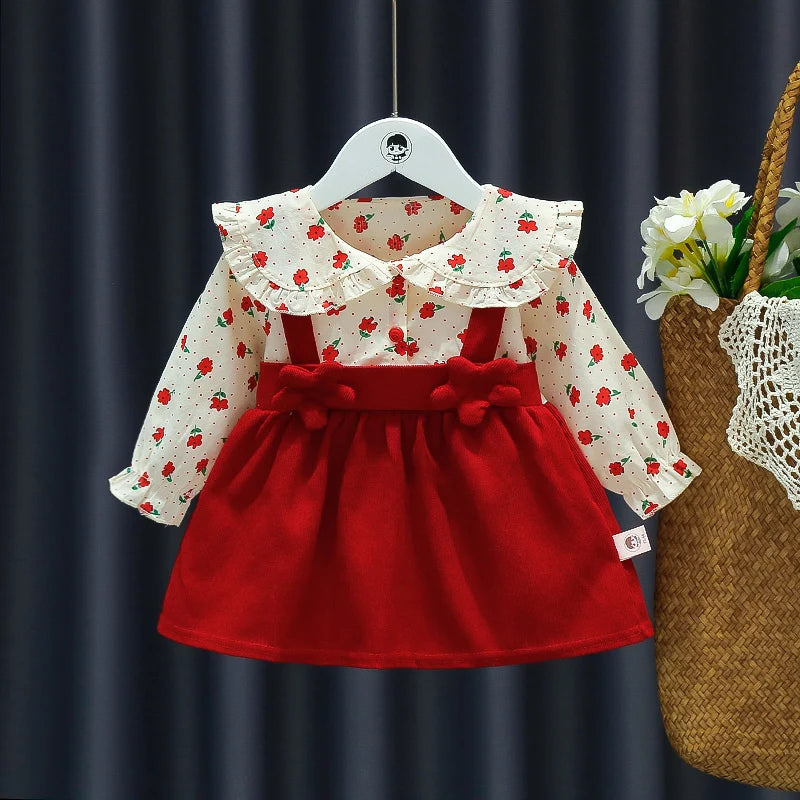 Adorable Autumn Newborn Girls' Long Sleeve Dress – Cartoon Fragmented Flower Lapel Baby Princess Dress with Cute Strap (9M-3Years)