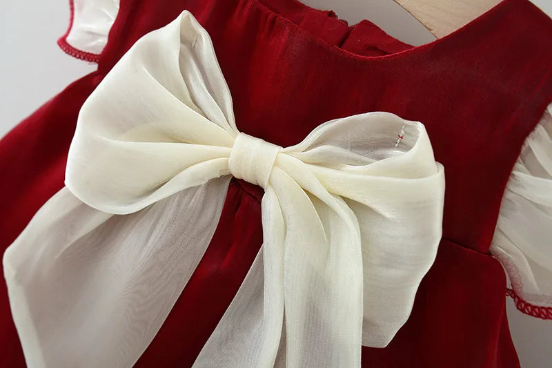 Dress for Girls – Summer Solid Red Dress with Flying Sleeves and Bow, Twilight Cloud Princess Dress Suitable for Babies Aged (6M-3 Years)