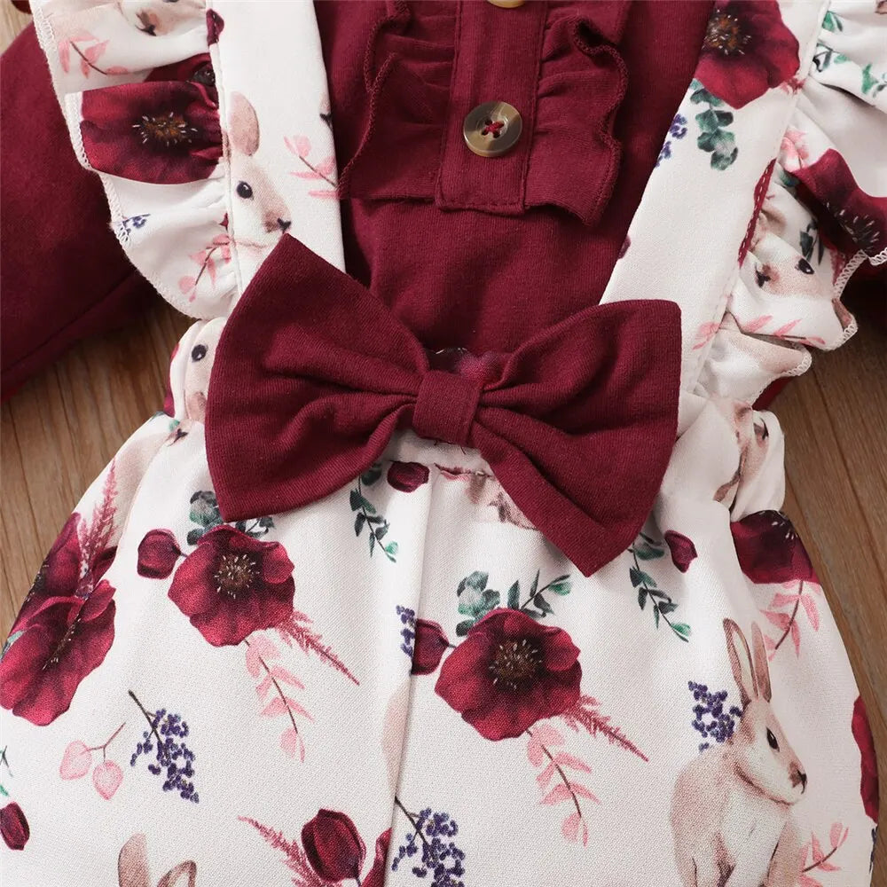 Newborn Baby Girl 3-Piece Outfit - Long Sleeve Romper, Floral Strap Pants, and Headband (0-24 Months) for Spring & Autumn