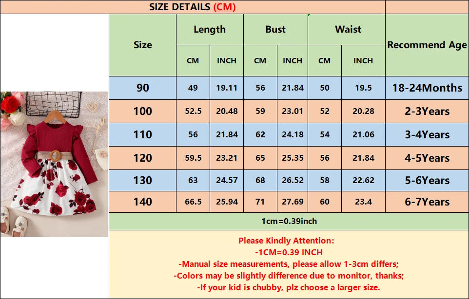 Girls' Red Long-Sleeve Flower Dress – Perfect for New Year, Birthday, Wedding Party and Special Occasions (1-7 Years)