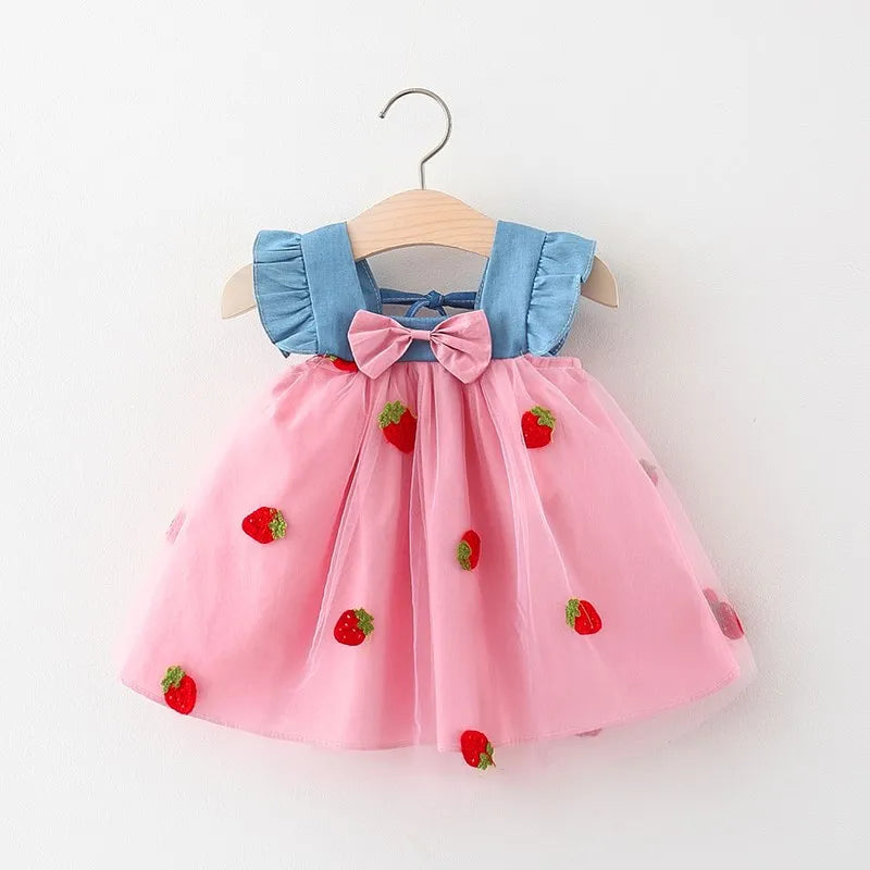 Summer Girls' Dress – Cute and Sweet Denim Mesh Strawberry Embroidered Princess Dress for Parties(6M-3Years)