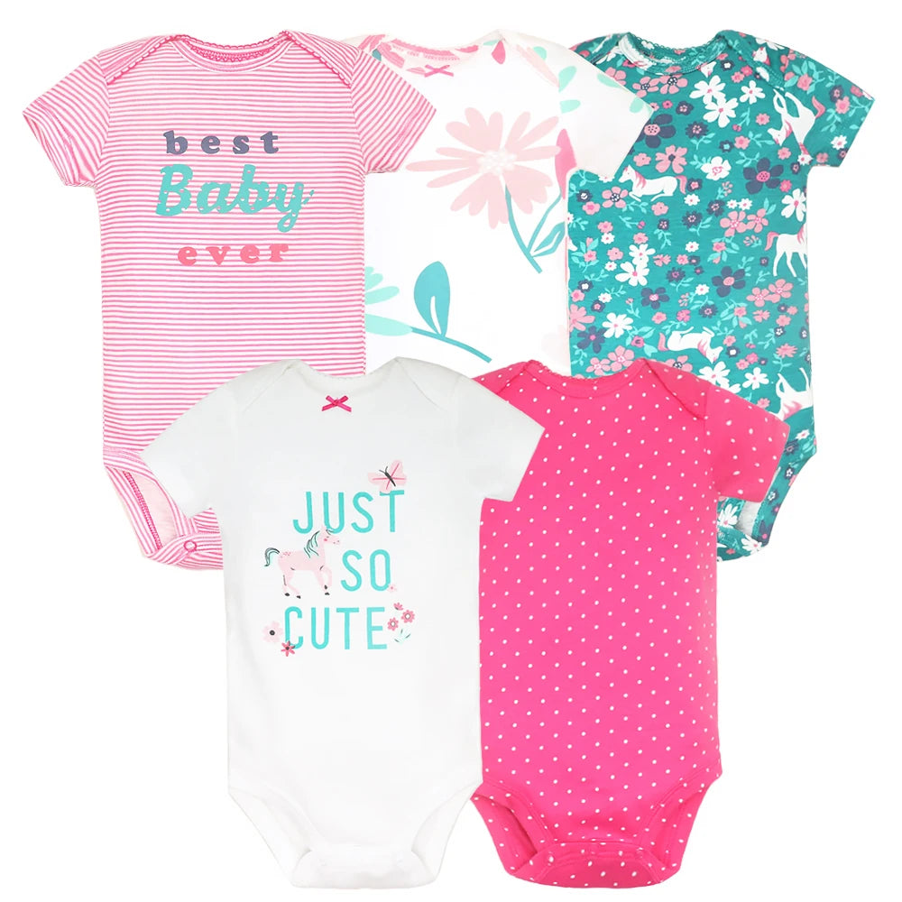 5PCS Baby Bodysuits Set – 100% Cotton Short Sleeve Newborn Clothes for Boys and Girls, Soft and Comfy Infant Outfit, Perfect Baby Shower Gift (6M-2Years)