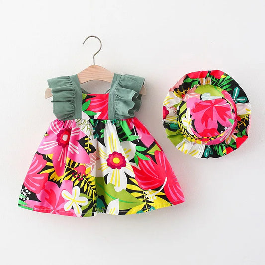 Summer Baby Girl Strap Dress with Hat: Floral Sleeveless Princess Dress for Newborns and Toddlers (0-3 Years).