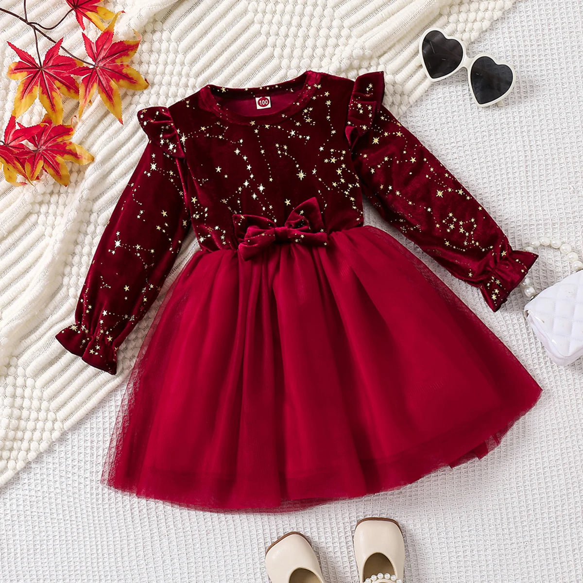 Red Velvet Party Dress - Princess Gown with Star Mesh  (1-8 Years)