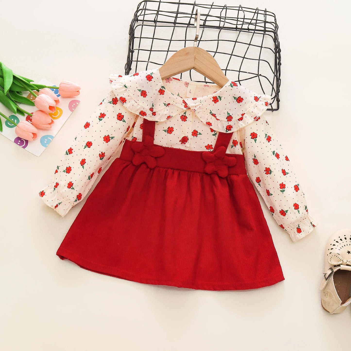 Adorable Autumn Newborn Girls' Long Sleeve Dress – Cartoon Fragmented Flower Lapel Baby Princess Dress with Cute Strap (9M-3Years)