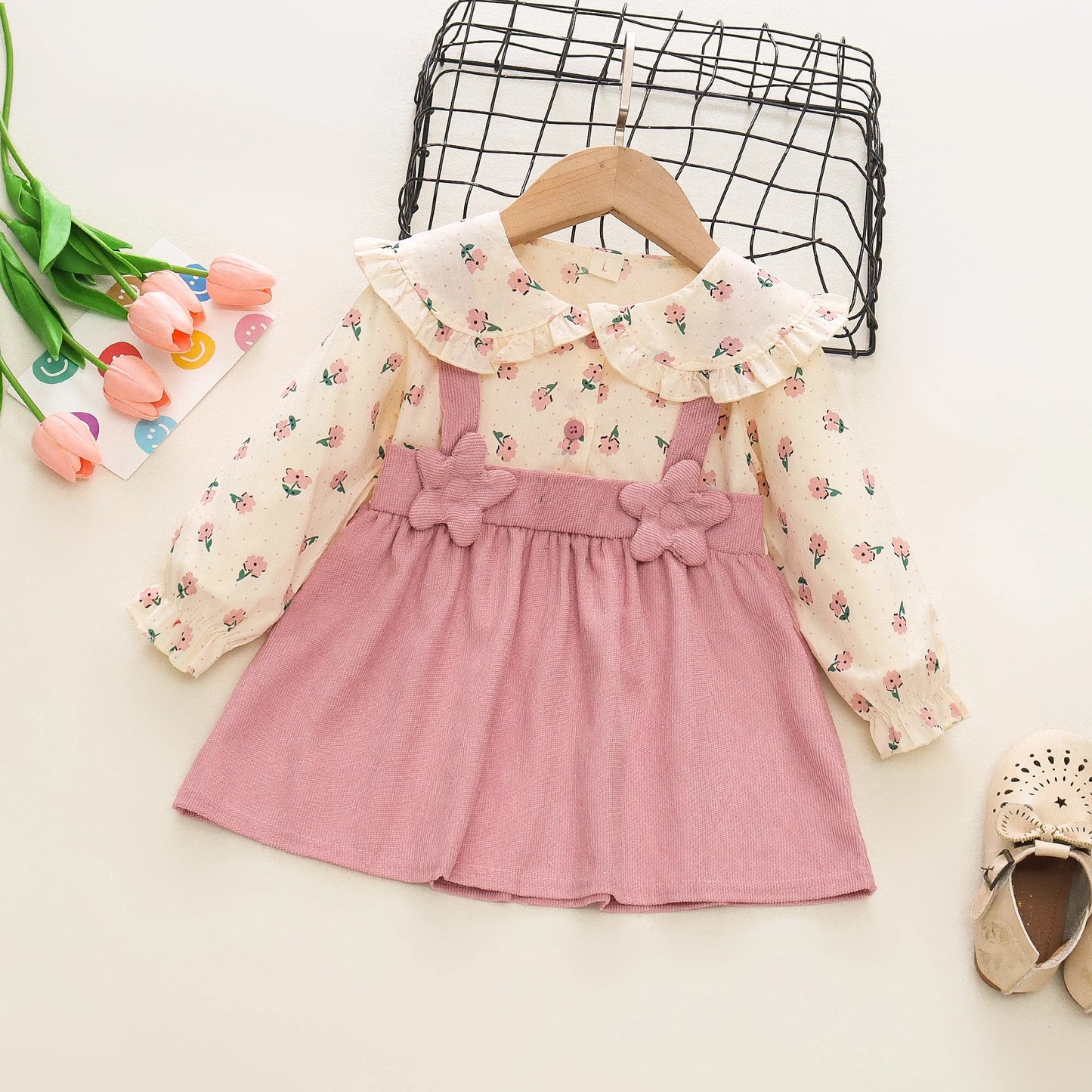 Adorable Autumn Newborn Girls' Long Sleeve Dress – Cartoon Fragmented Flower Lapel Baby Princess Dress with Cute Strap (9M-3Years)