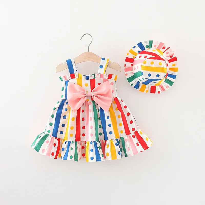 Summer Newborn Girl Baby Sling Dress with Colorful Stripe Polka Dots – Princess Dress with Matching Sun Visor Hat (6M-3Years)