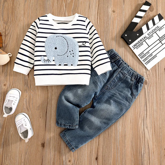 Baby & Toddler Outfit | Elephant Stripe Top & Cute Print Jeans Set for (0-2 Years)