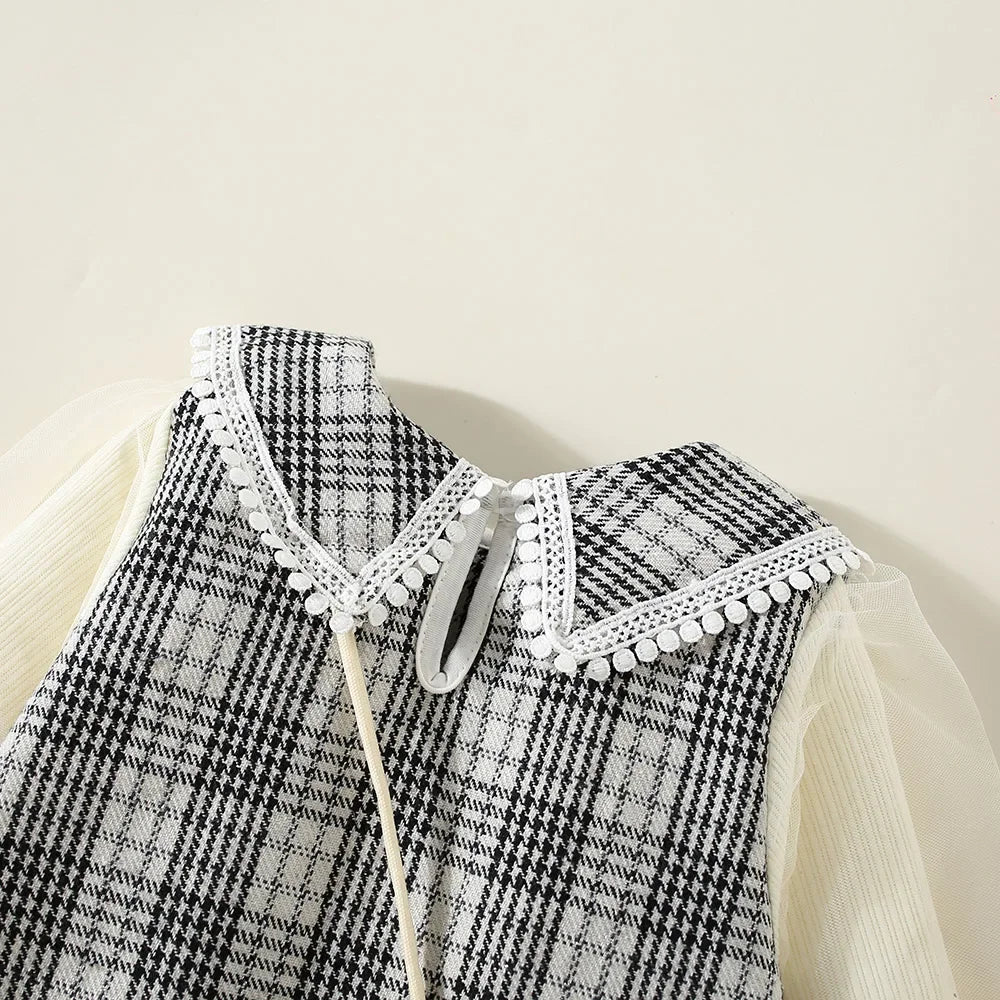 New Winter Baby Girls' Dress – Bubble Sleeve Lapel Plaid Pattern with Faux Two Layers and Diagonal Treasure Flower, Sweet Princess Dress(6M-3Years)