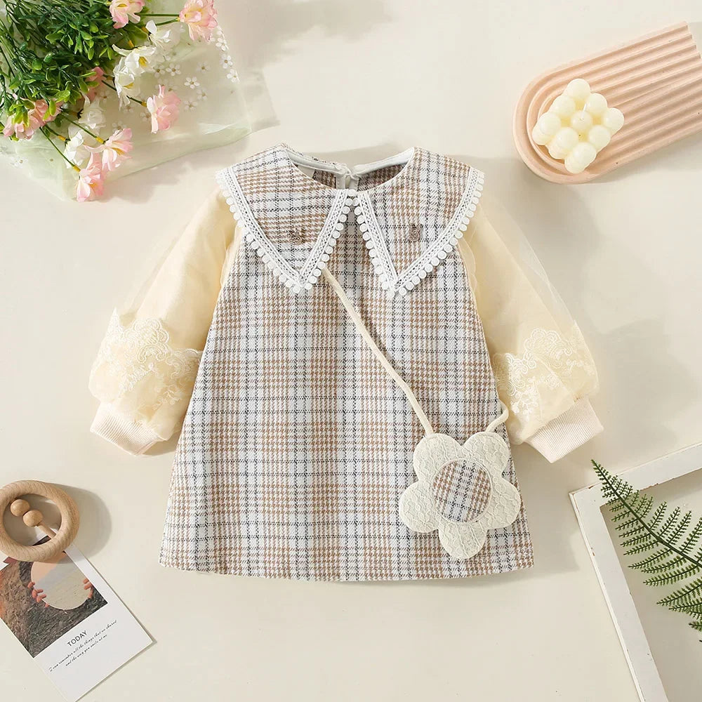 New Winter Baby Girls' Dress – Bubble Sleeve Lapel Plaid Pattern with Faux Two Layers and Diagonal Treasure Flower, Sweet Princess Dress(6M-3Years)