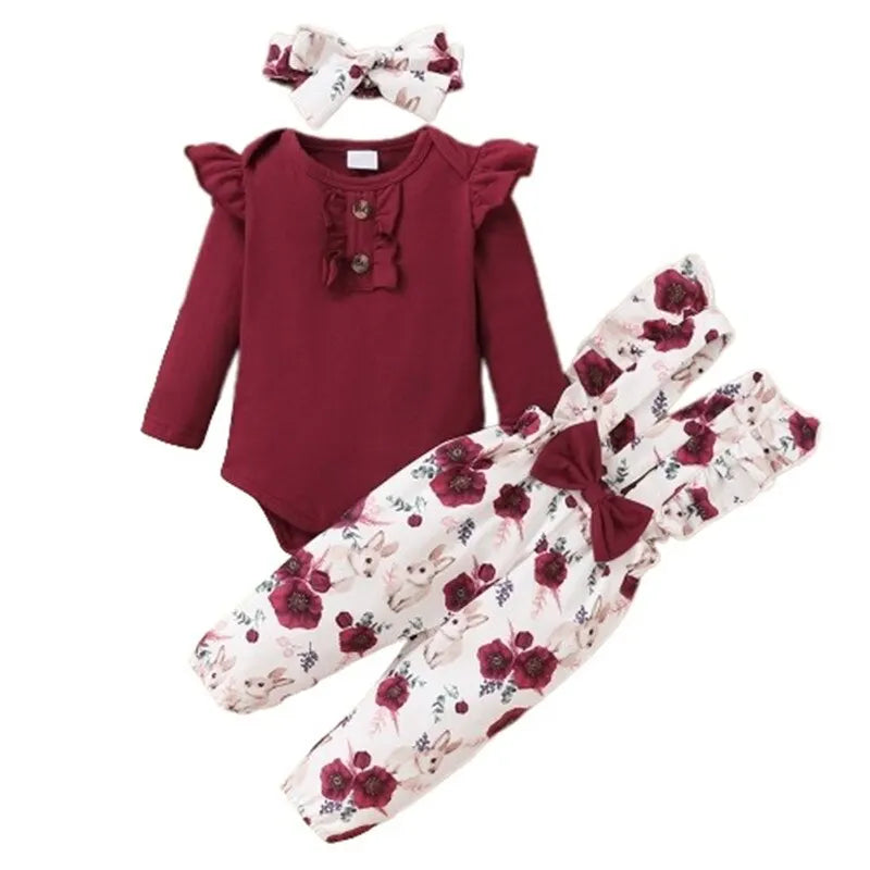 Newborn Baby Girl 3-Piece Outfit - Long Sleeve Romper, Floral Strap Pants, and Headband (0-24 Months) for Spring & Autumn