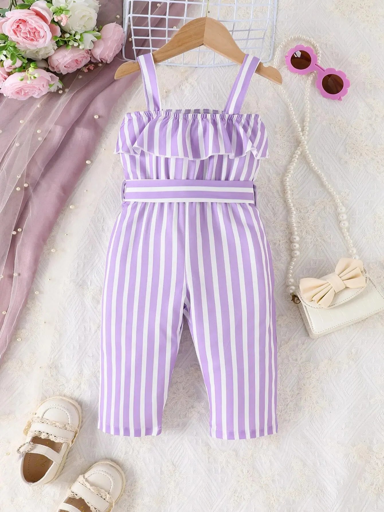 Summer Baby Girl Style Sweet and Cute Belted Dress – Purple Stripes, Comfortable, Breathable Holiday Seaside Style(6M-3Years)