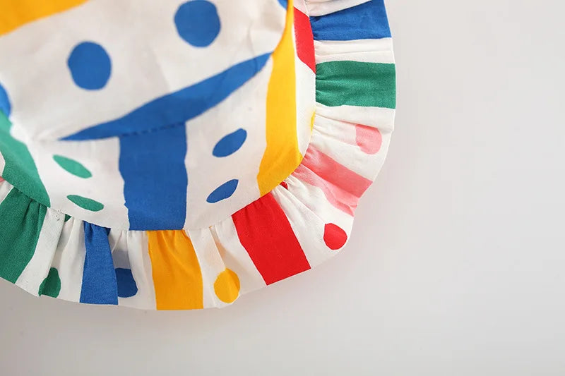 Summer Newborn Girl Baby Sling Dress with Colorful Stripe Polka Dots – Princess Dress with Matching Sun Visor Hat (6M-3Years)