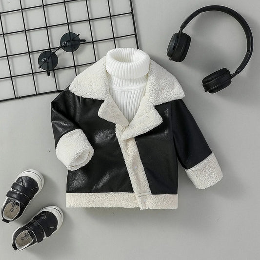 Winter Baby Boys Black Leather Jacket: Stylish Turn-Down Collar Coat for (3M-3Y)