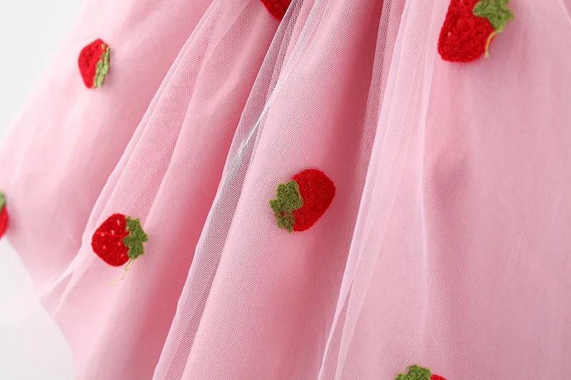 Summer Girls' Dress – Cute and Sweet Denim Mesh Strawberry Embroidered Princess Dress for Parties(6M-3Years)