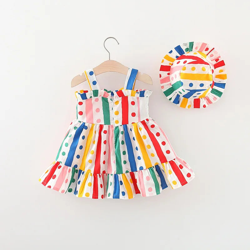 Summer Newborn Girl Baby Sling Dress with Colorful Stripe Polka Dots – Princess Dress with Matching Sun Visor Hat (6M-3Years)