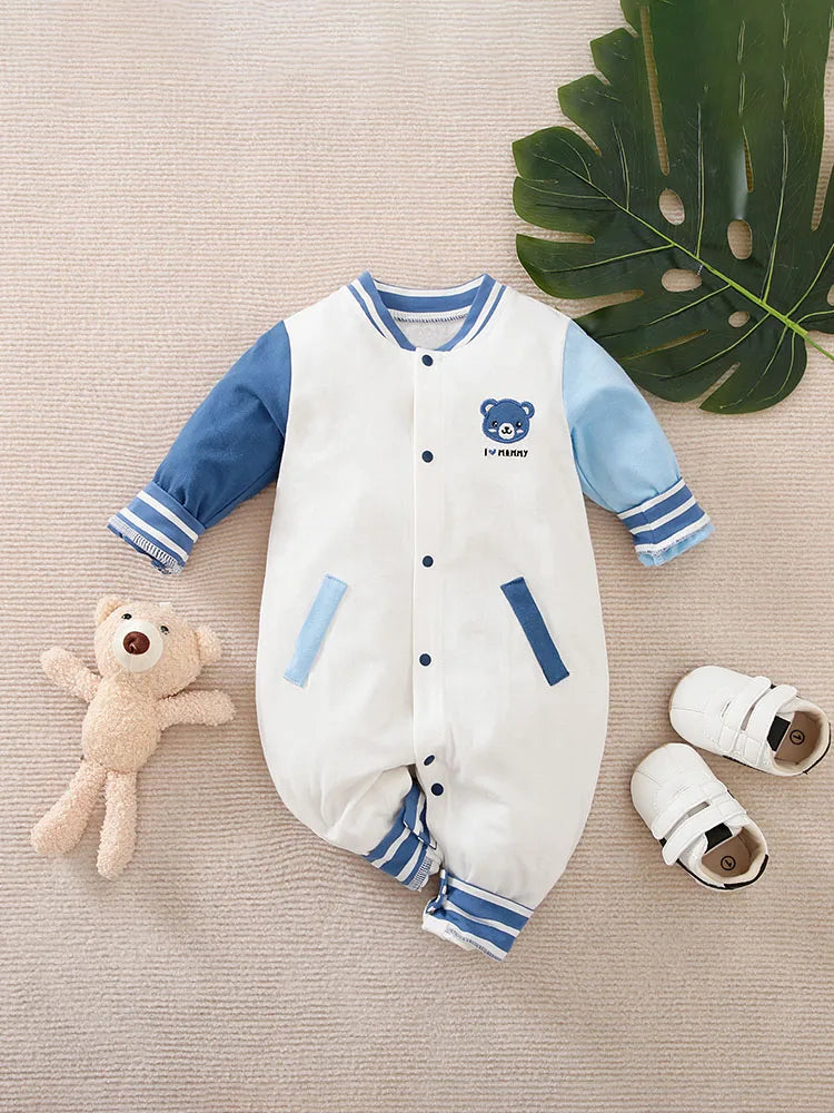 Newborn Cotton Baby Jumpsuit Baseball Suit Teddy Bear Embroidered Long Sleeved