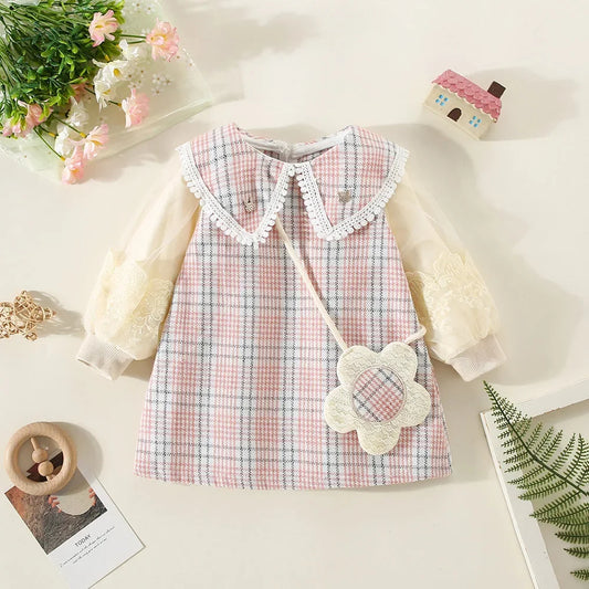 New Winter Baby Girls' Dress – Bubble Sleeve Lapel Plaid Pattern with Faux Two Layers and Diagonal Treasure Flower, Sweet Princess Dress(6M-3Years)