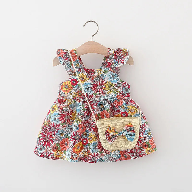 2-Piece Summer Baby Girl Dress – Fashionable Floral Fly Sleeve Cotton Dress with Crossbody Bag, Suitable for Babies Age(6M-3Years).
