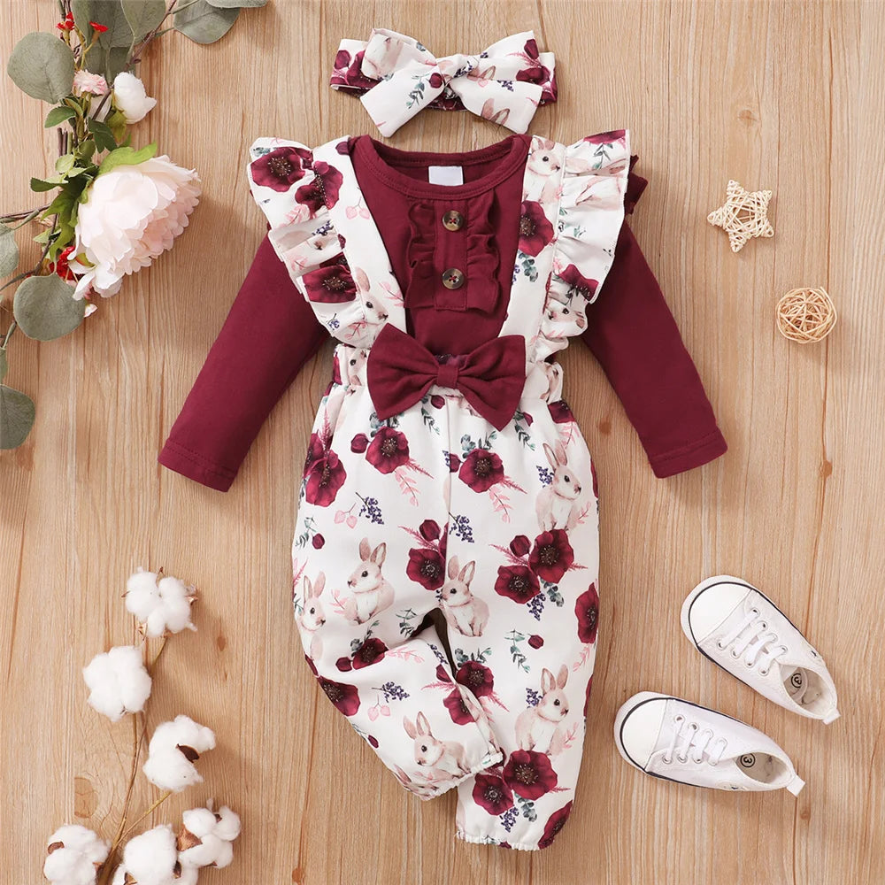 Newborn Baby Girl 3-Piece Outfit - Long Sleeve Romper, Floral Strap Pants, and Headband (0-24 Months) for Spring & Autumn