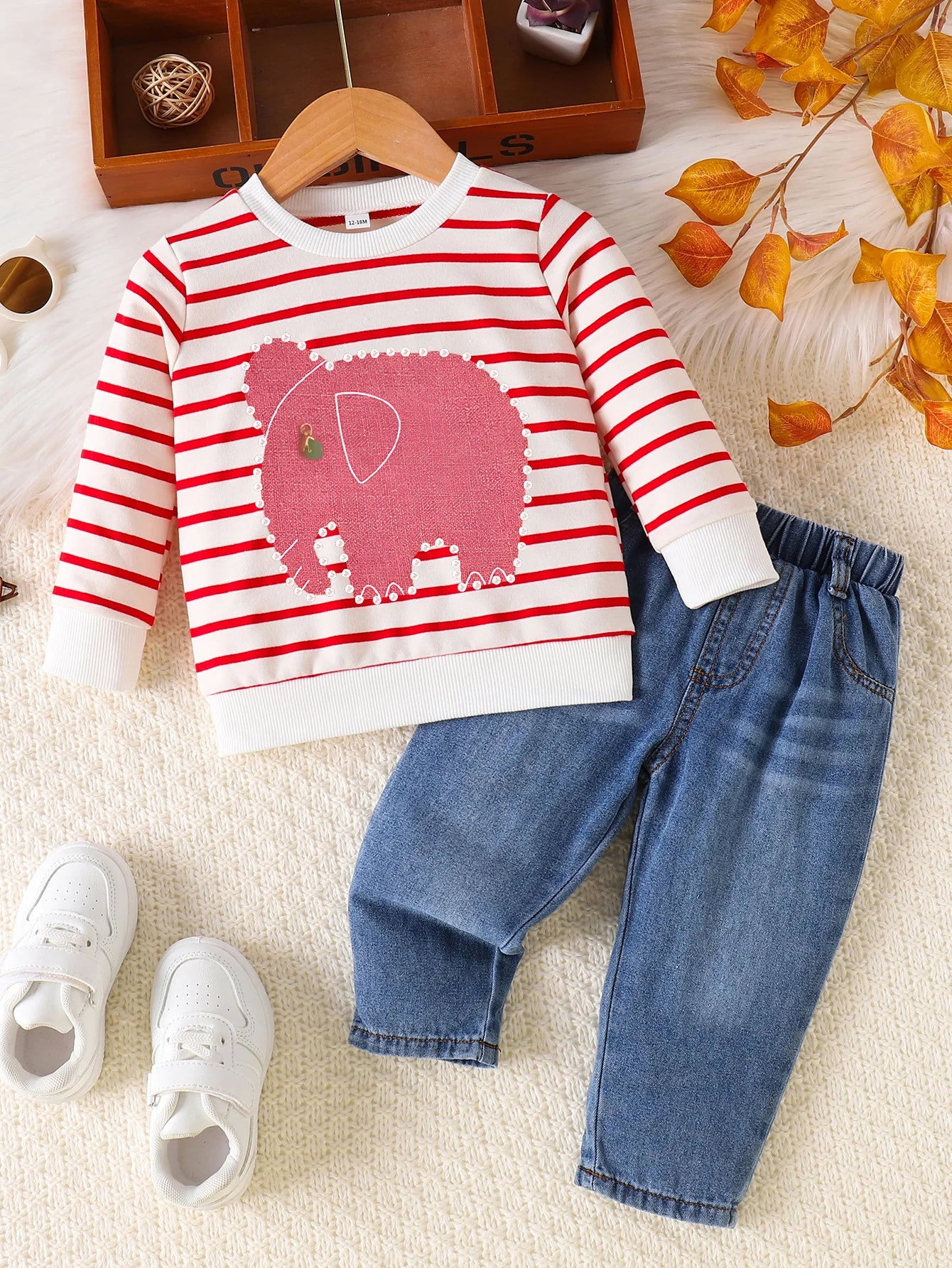 Baby & Toddler Outfit | Elephant Stripe Top & Cute Print Jeans Set for (0-2 Years)