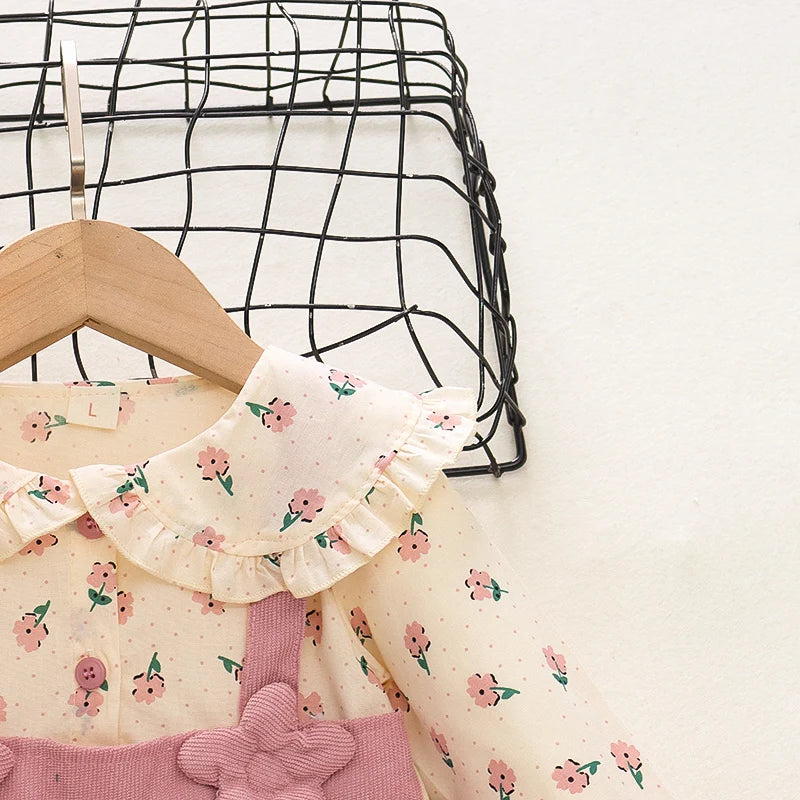 Adorable Autumn Newborn Girls' Long Sleeve Dress – Cartoon Fragmented Flower Lapel Baby Princess Dress with Cute Strap (9M-3Years)