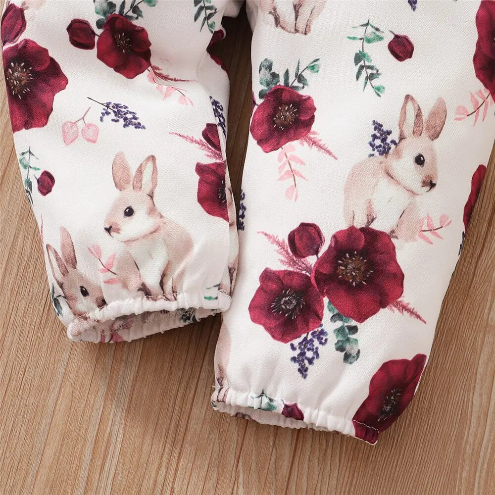 Newborn Baby Girl 3-Piece Outfit - Long Sleeve Romper, Floral Strap Pants, and Headband (0-24 Months) for Spring & Autumn