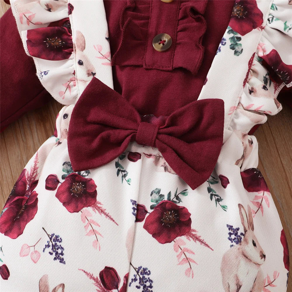 Newborn Baby Girl 3-Piece Outfit - Long Sleeve Romper, Floral Strap Pants, and Headband (0-24 Months) for Spring & Autumn
