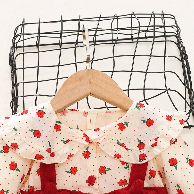 Adorable Autumn Newborn Girls' Long Sleeve Dress – Cartoon Fragmented Flower Lapel Baby Princess Dress with Cute Strap (9M-3Years)