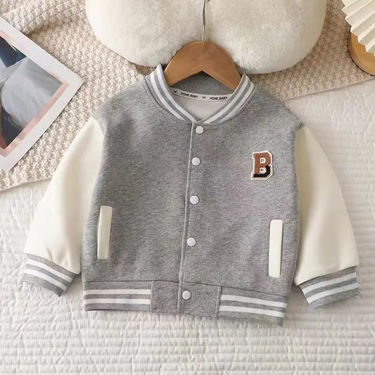 Baseball Jacket: Stylish Round Collar Coat for Boys and Girls. Designed for children aged 12 months to 12 years.