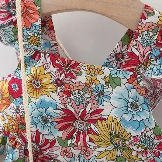 2-Piece Summer Baby Girl Dress – Fashionable Floral Fly Sleeve Cotton Dress with Crossbody Bag, Suitable for Babies Age(6M-3Years).