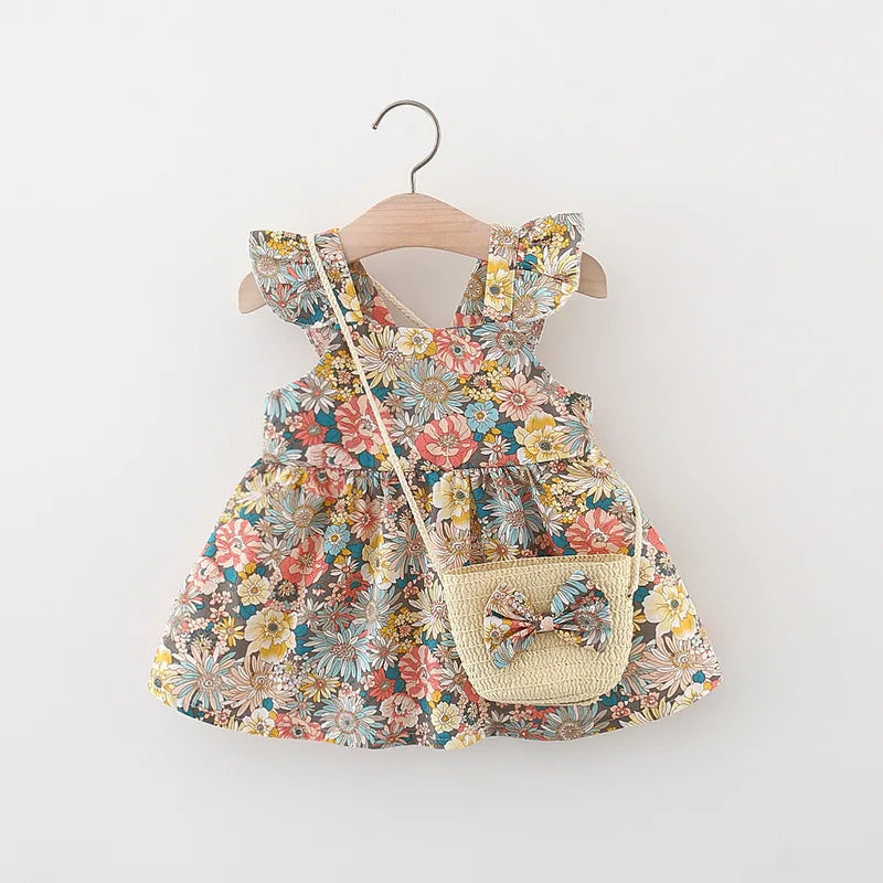 2-Piece Summer Baby Girl Dress – Fashionable Floral Fly Sleeve Cotton Dress with Crossbody Bag, Suitable for Babies Age(6M-3Years).