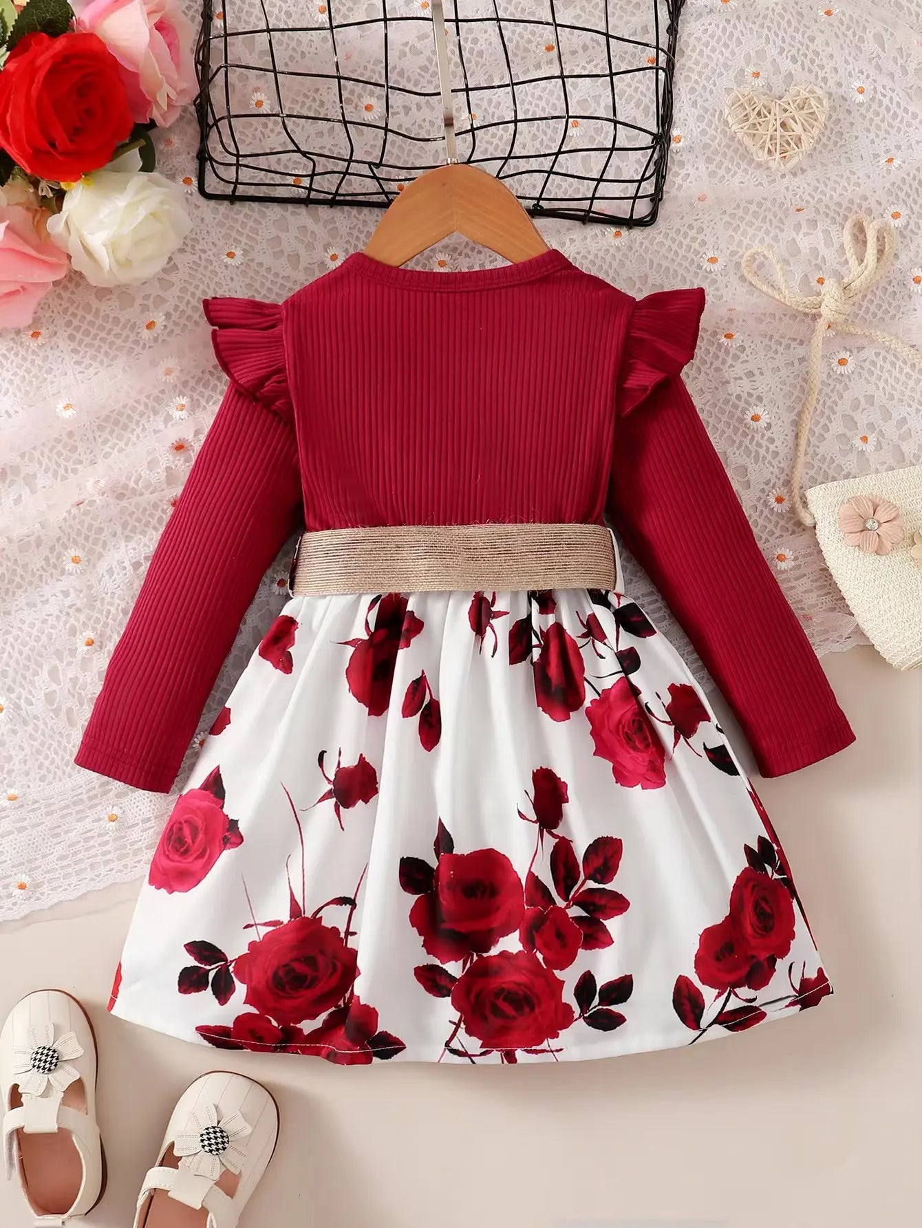 Girls' Red Long-Sleeve Flower Dress – Perfect for New Year, Birthday, Wedding Party and Special Occasions (1-7 Years)
