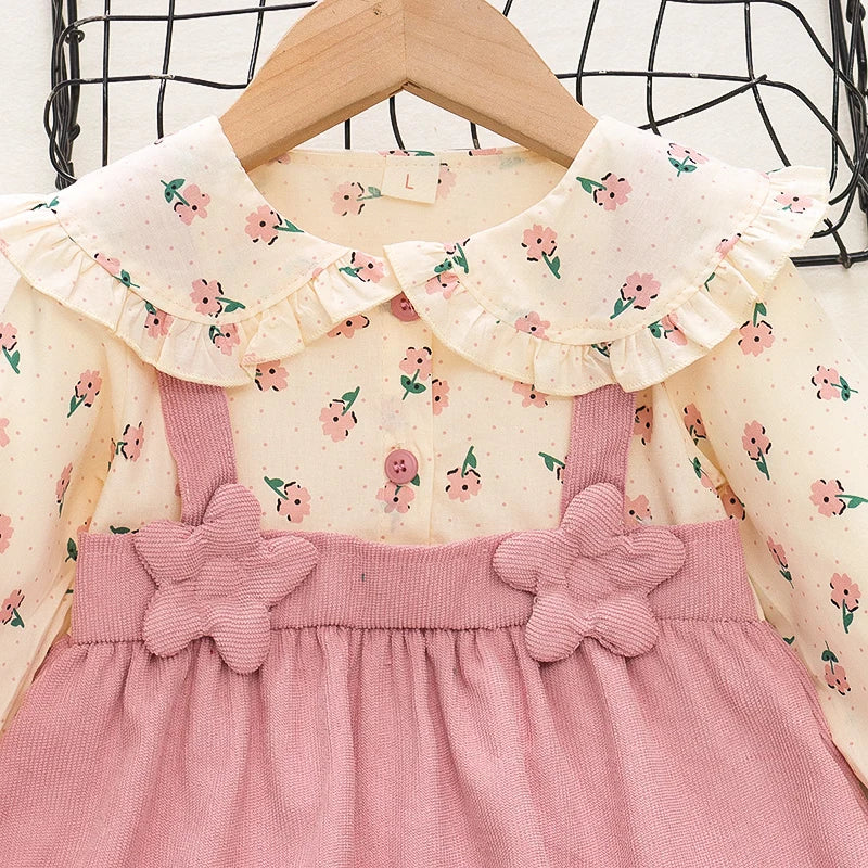 Adorable Autumn Newborn Girls' Long Sleeve Dress – Cartoon Fragmented Flower Lapel Baby Princess Dress with Cute Strap (9M-3Years)