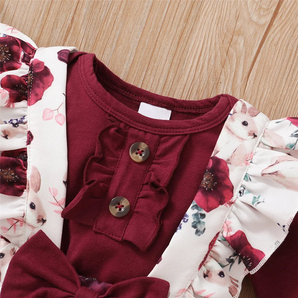 Newborn Baby Girl 3-Piece Outfit - Long Sleeve Romper, Floral Strap Pants, and Headband (0-24 Months) for Spring & Autumn